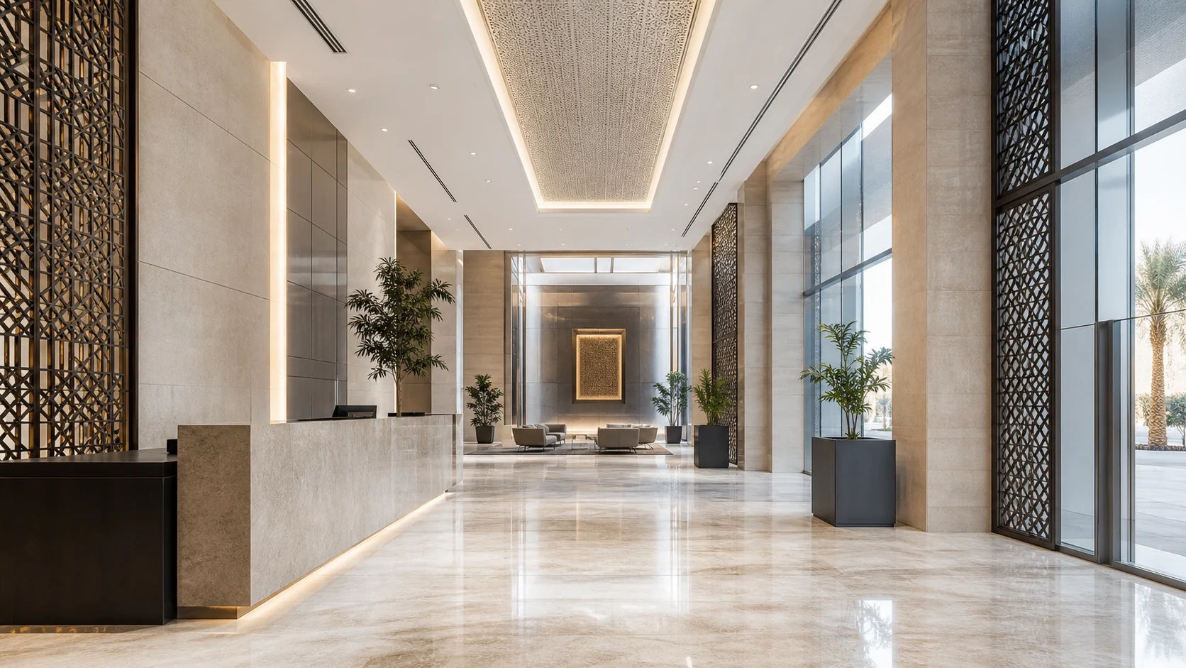 Automated lighting and climate in a modern Muscat commercial lobby